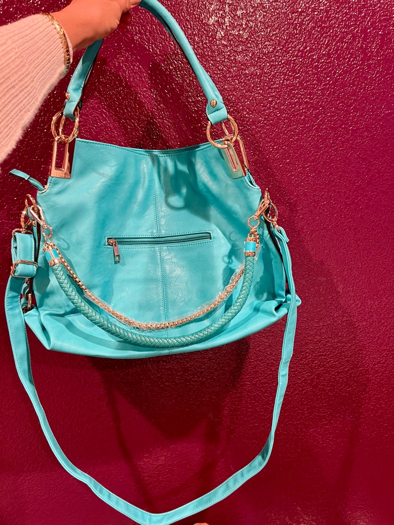 Turquoise Womenâs Shoulder Bag With Gold Hardware